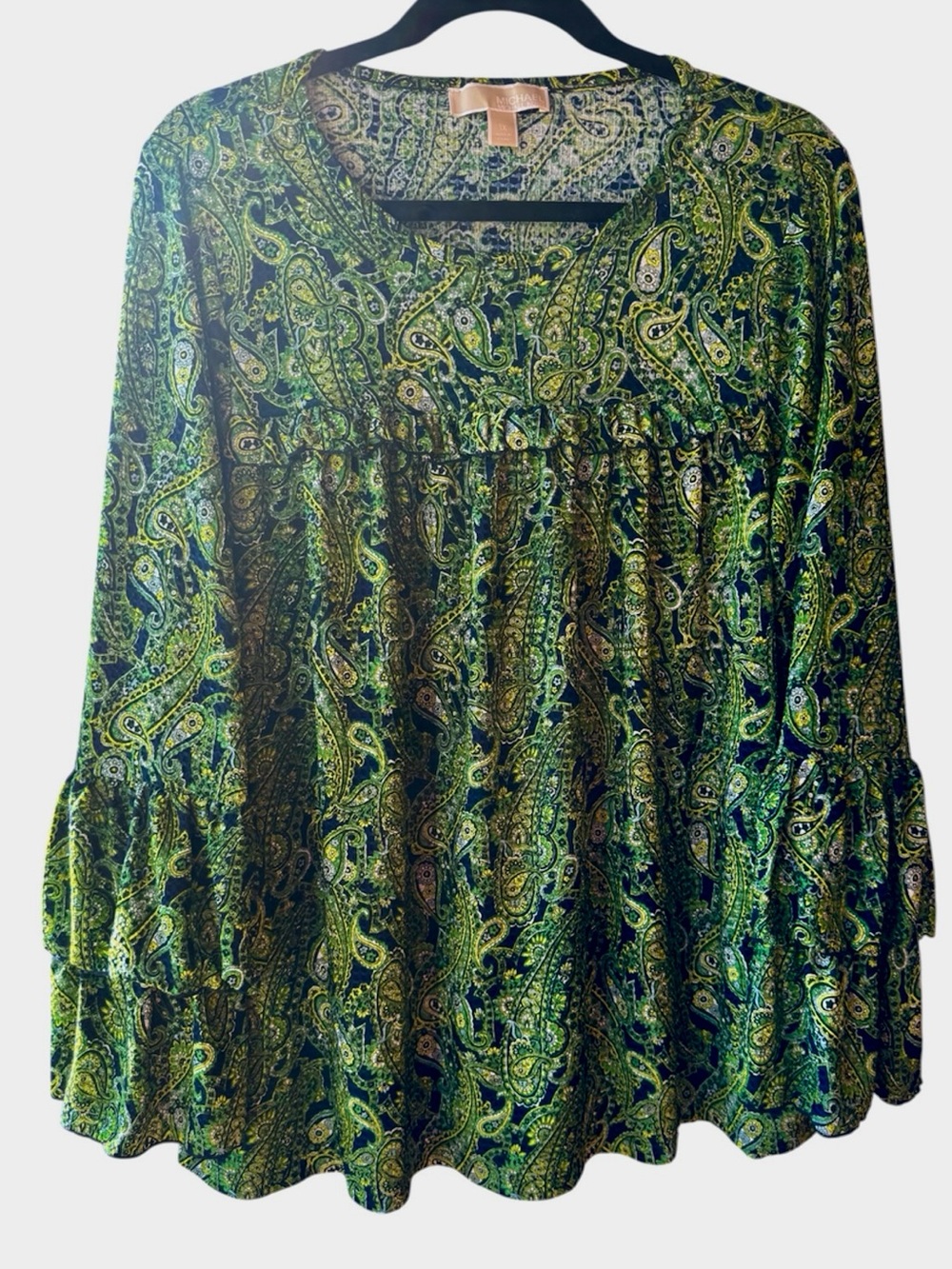 Michael Kors Green/Navy Paisley Tunic Top, stretchy, tiered sleeves, flowy, 1X